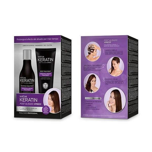 Kativa Keratin Post Smoothing Xpress Set includes a black tube of deep treatment and a purple box featuring instructions and images of smooth hairstyles.