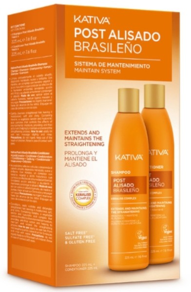 Kativa Post 2 Brazilian Straightening set includes a shampoo and conditioner in orange bottles, packaged in a vibrant orange box, highlighting its sulfate-free and gluten-free features.