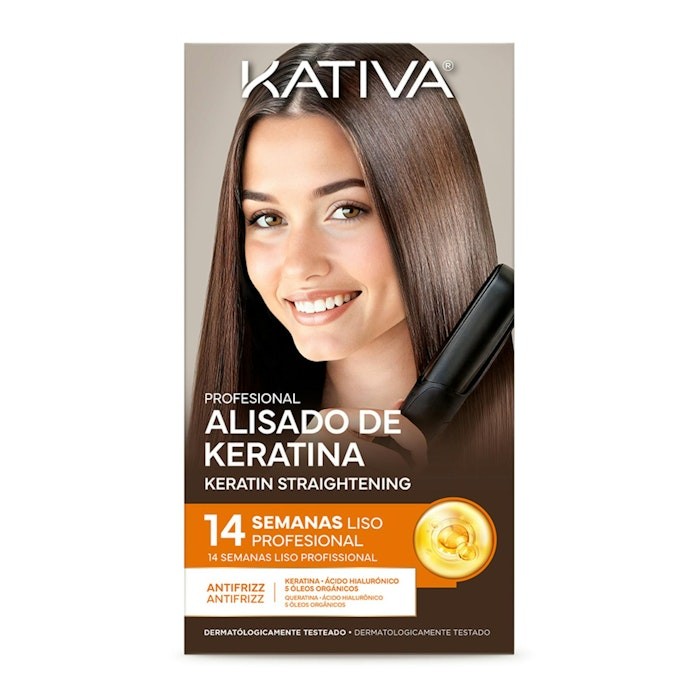 Kativa Kit Alisado Brasileño features a sleek box design in vibrant colors, showcasing a model with straight, shiny hair and highlighting key benefits like keratin treatment and anti-frizz.