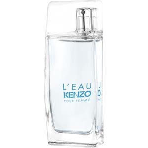 Clear glass bottle with a sleek, modern design, featuring a blue logo that reads "L'Eau Kenzo Pour Femme," and a silver spray nozzle at the top.