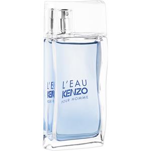 Clear glass bottle with a sleek, modern design, featuring a light blue liquid and blue text reading "L'eau Kenzo pour homme," topped with a silver spray nozzle.