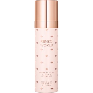 Kenzo World Body Mist Spray in a 100ml bottle, featuring a pale pink design with gold accents and a pattern of eyes, labeled for body and clothing use.