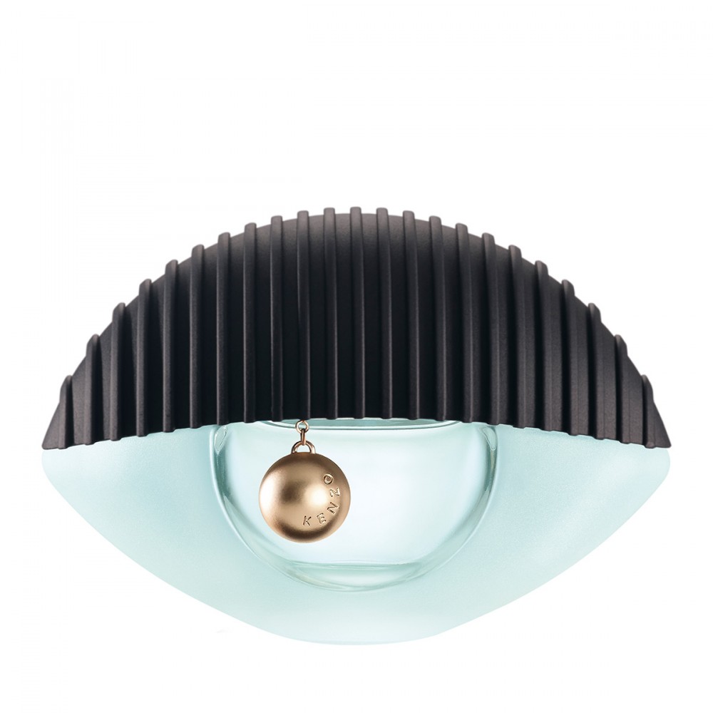 A sleek, aqua-colored glass bottle with a curved shape, topped with a black ribbed cap and a gold charm featuring the Kenzo logo.