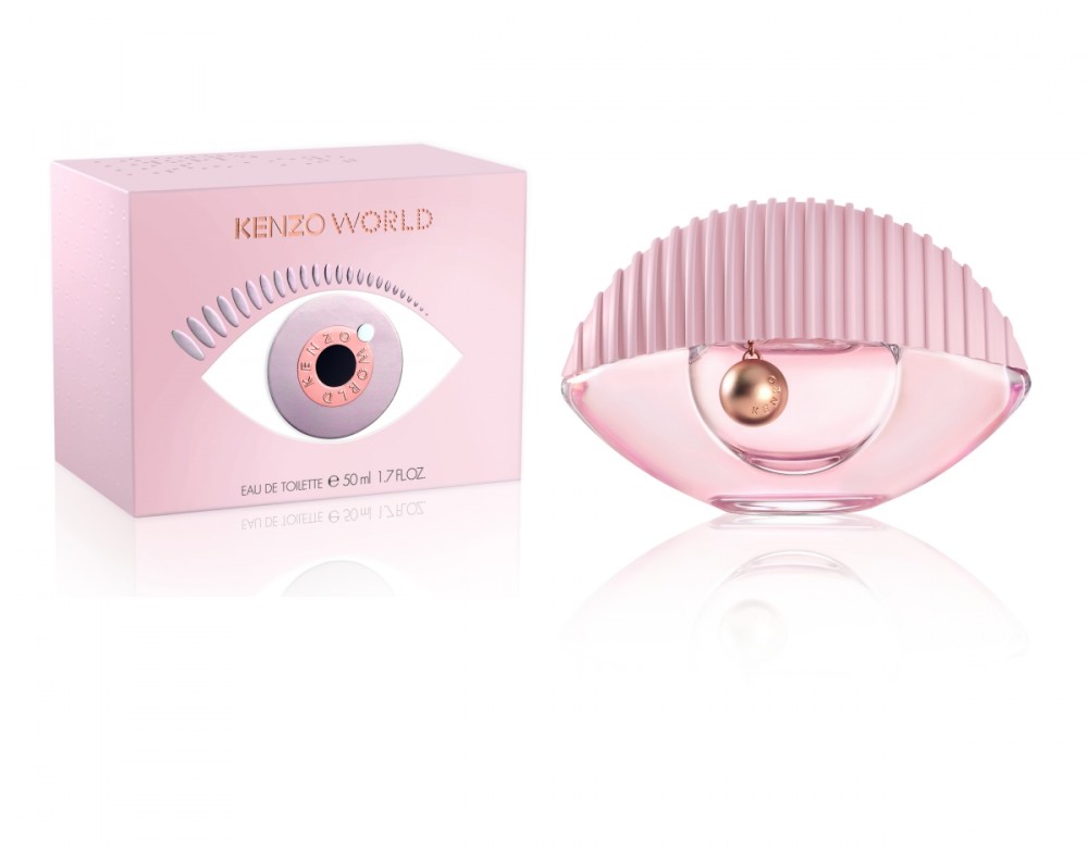 Light pink bottle with a unique eye-shaped design, featuring a gold ball inside, next to a matching pink box with a raised eye graphic and the Kenzo logo.