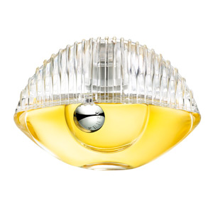 Clear glass bottle with a ribbed design, featuring a round silver ball charm, filled with light yellow fragrance, showcasing a modern and elegant shape.