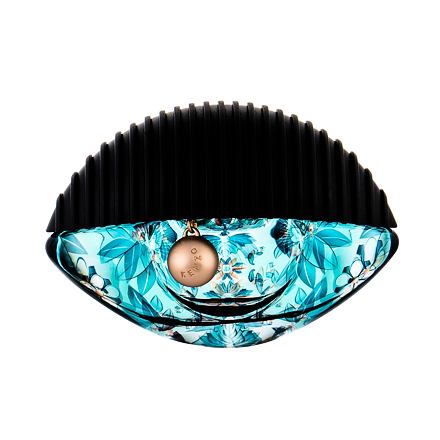 Red and black bottle with a textured, ribbed cap; features a floral design in turquoise and white, showcasing the Kenzo logo on a gold tag.