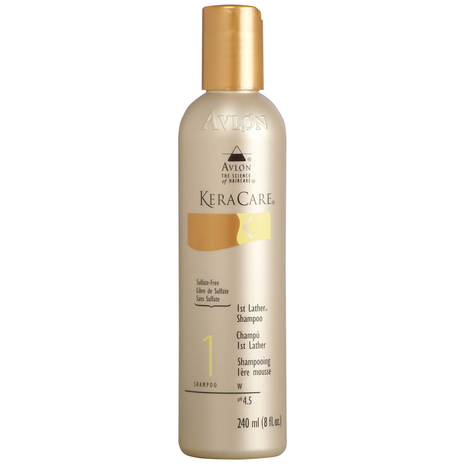 KeraCare 1st Lather Shampoo in a 240ml gold and cream bottle, featuring a sleek design with a black cap and a prominent label displaying the brand and product name.