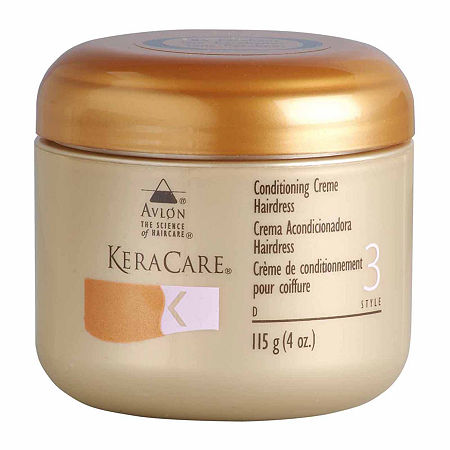 Gold and beige jar of Avlon KeraCare Conditioning Creme Hairdress, 4 oz, featuring a gold lid and labeled with product details and usage instructions.