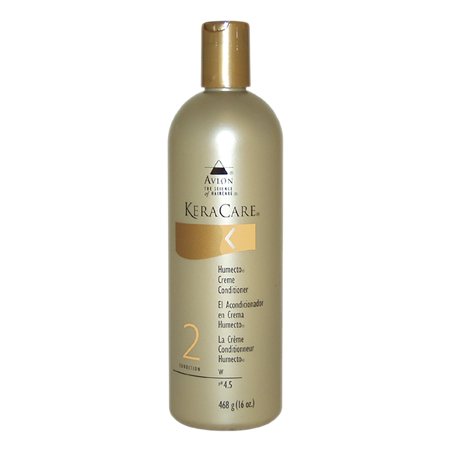 KeraCare Humecto Creme Conditioner in a 16 oz beige bottle with a gold cap, featuring a label with the brand logo, product name, and instructions in both English and Spanish.