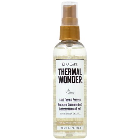 KeraCare Thermal Wonder 6 In 1 Thermal Protector in a clear spray bottle with a gold cap, featuring a white label with black text, highlighting its multifunctional benefits.