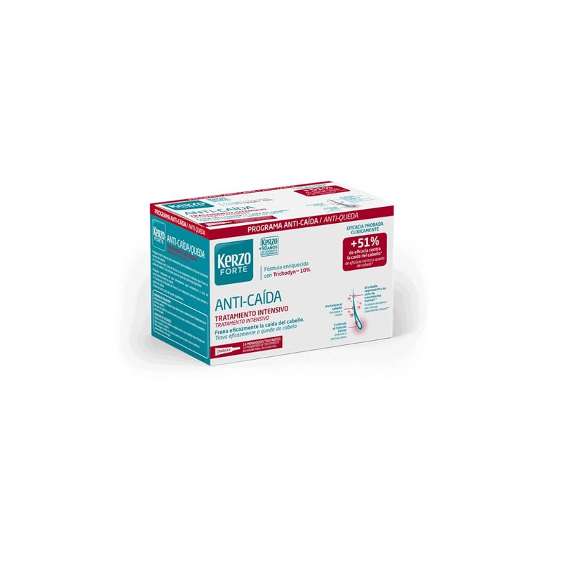 Kerzo ANTI-HAIR Loss Intensive Treatment Forte Ampoules box, featuring a red and white design, containing 14 ampoules of 5 ml each, with key benefits highlighted on the packaging.