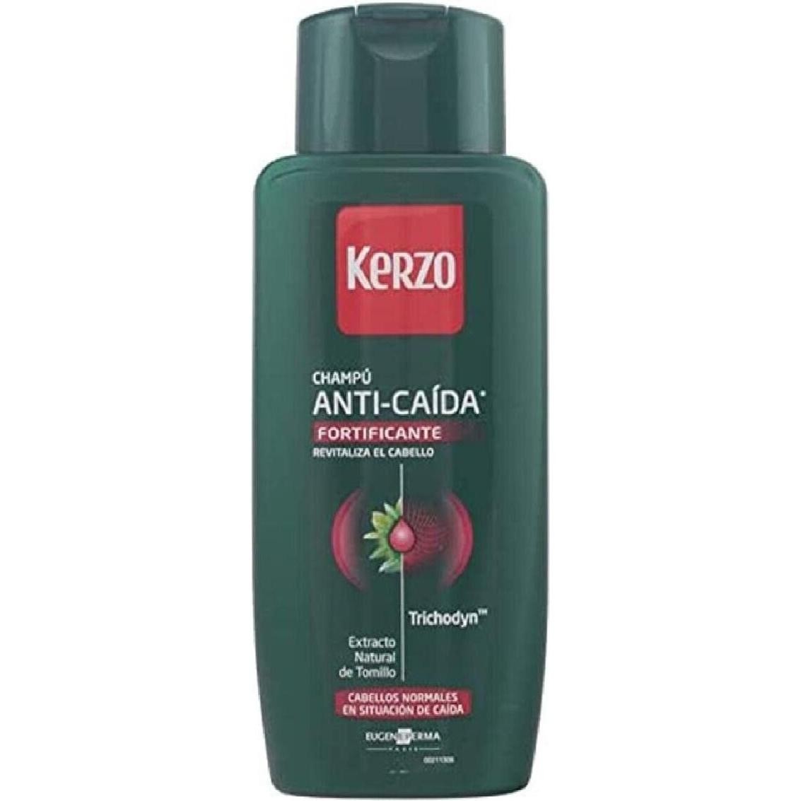 Green plastic bottle of Kerzo Forte Antikshampoo, 400ml, featuring a red and white label, highlighting anti-hair loss benefits with natural thyme extract.
