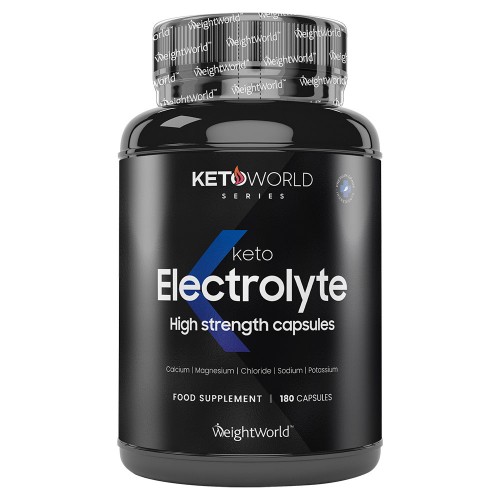 Black cylindrical container with a silver lid, labeled "WeightWorld Electrolyte Tablets," featuring a bold design and listing key ingredients like Sodium, Magnesium, Calcium, and Potassium.