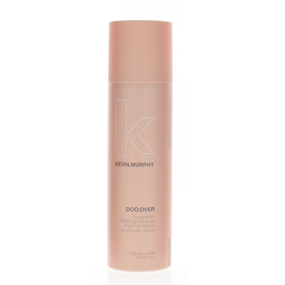 Light pink aerosol can of Kevin.Murphy's Doo Over Dry Powder Finishing Hairspray, featuring a minimalist design with a large "K" logo and product name in white lettering.
