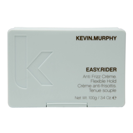 Light grey rectangular container with a white lid, featuring the brand name "KEVIN.MURPHY" and product name "EASY.RIDER" in bold lettering, labeled as anti-frizz cream, 100g.