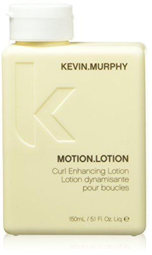 Light yellow, plastic bottle with a white flip-top cap, featuring the embossed logo "K" and the text "MOTION.LOTION" in bold, designed for enhancing curls.