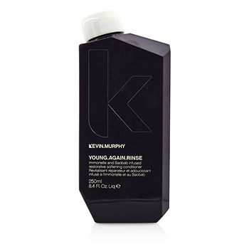 Black rectangular bottle with a geometric design, featuring the text "YOUNG.AGAIN.RINSE" and "KEVIN.MURPHY" in white, containing 250ml of hair care product.