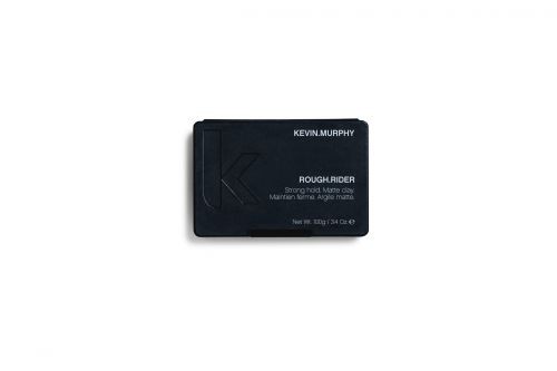 Black rectangular container with a matte finish, featuring embossed "K" logo and white text, labeled "ROUGH RIDER" and "Strong hold matte clay," 3.4 oz / 100 g.