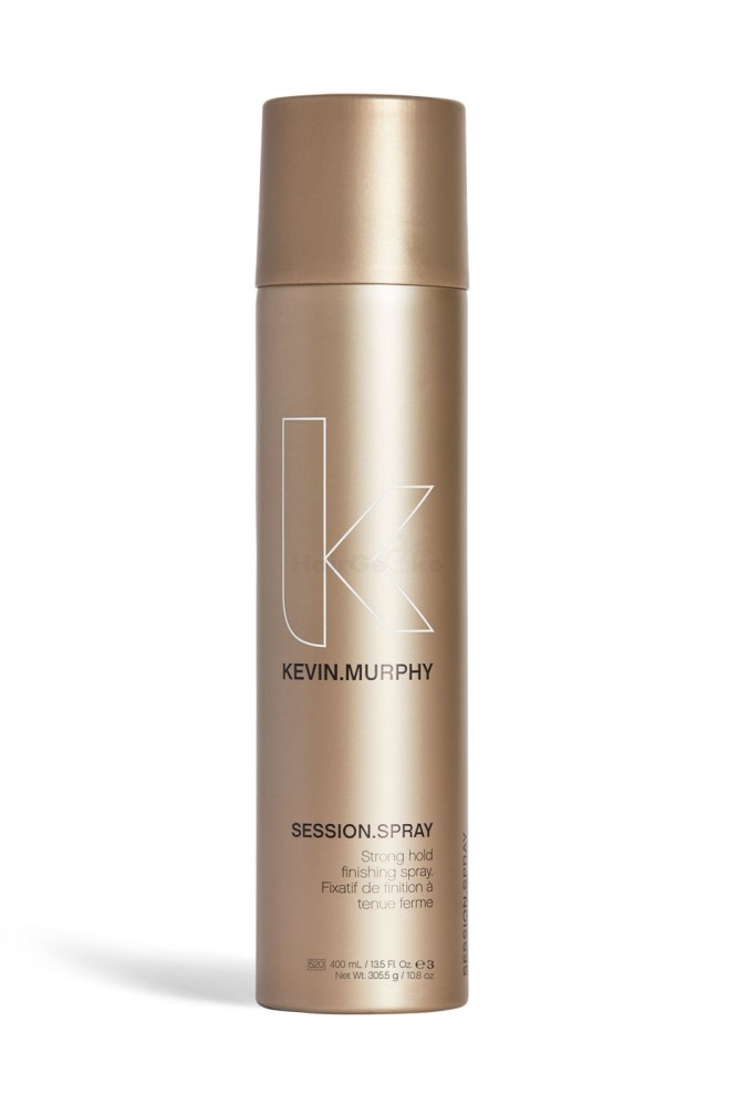 Clear finishing spray in a sleek, gold canister with a matte finish, featuring a prominent "K" logo and product name, designed for strong hold styling.