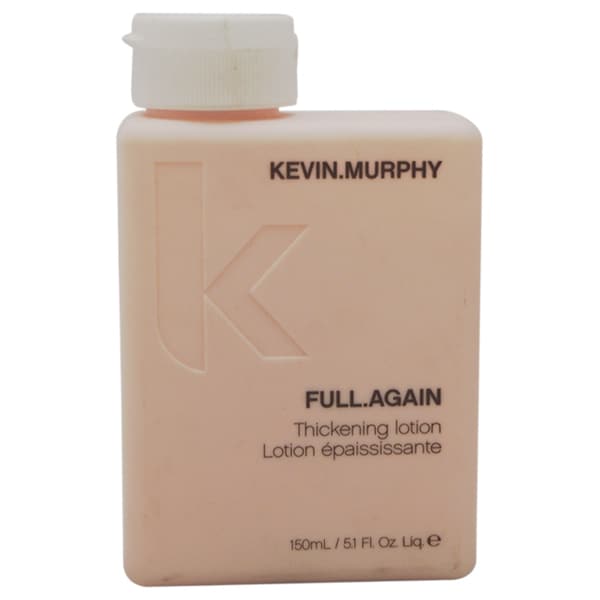 Pink, square bottle of KEVIN MURPHY FULL AGAIN Thickening Lotion, featuring a white cap and embossed logo, with a label indicating 150ml volume and product details.
