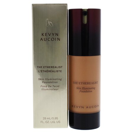 Kevyn Aucoin the Etherealist Skin Illuminating Foundation in Medium EF 10, featuring a sleek glass bottle with a pump dispenser and a gold and cream box packaging.