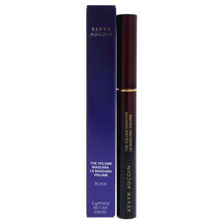 Rich pitch black mascara in a sleek, dark burgundy tube with gold lettering, packaged in a matching purple box, highlighting "The Volume Mascara" branding.