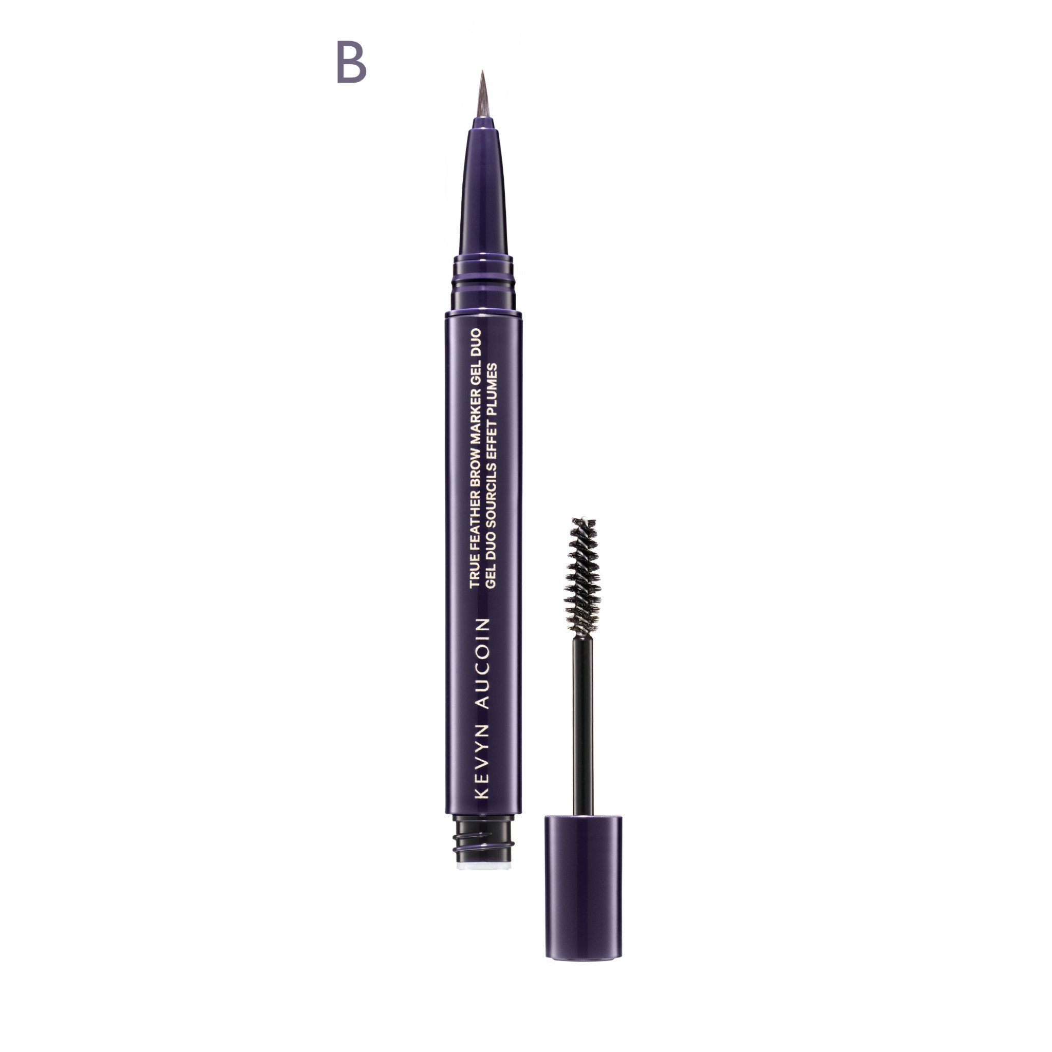 Kevyn Aucoin True Feather Brow Marker Gel Duo features a sleek purple tube with a fine-tip applicator on one end and a spoolie brush on the other for precise brow styling.