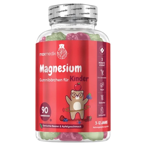 Red bottle with a clear lid containing 90 colorful gummy bears, labeled "Magnesium" in white text, featuring a cartoon bear holding fruit, suitable for kids aged 3-12.