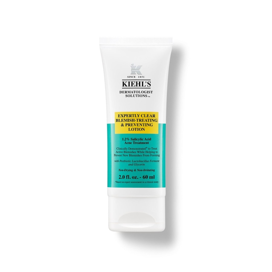 White tube with a flip-top cap, featuring green and blue accents, labeled "Kiehl's Expertly Clear Blemish-Clearing and Preventing Lotion 60ml," highlighting 1.2% salicylic acid.
