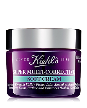Kiehl's Super Multi-Corrective Face Cream in a purple jar with a silver lid, featuring a turquoise label detailing its benefits for skin firmness and texture.