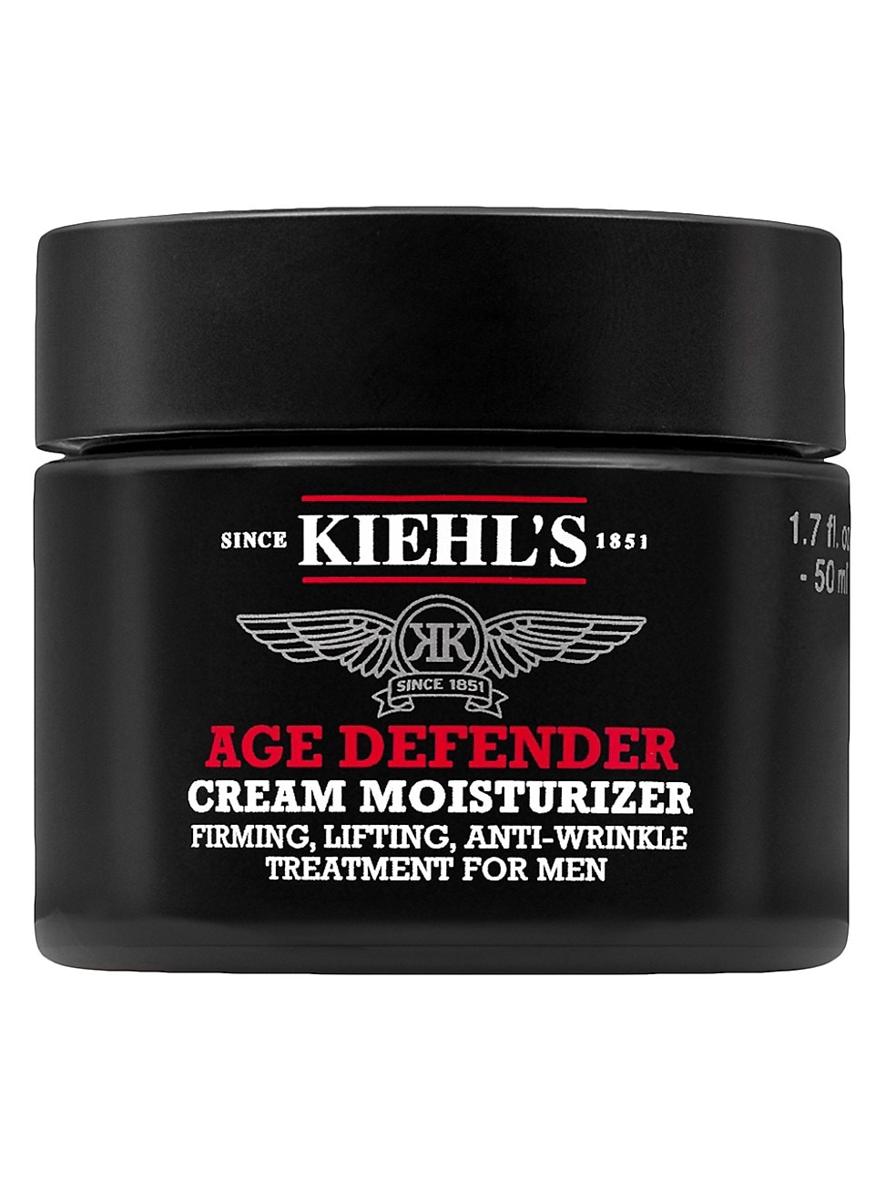Black jar with a matte finish, labeled "KIEHL'S Age Defender Cream Moisturizer" in bold red and white text, featuring a vintage logo and claims for firming and anti-wrinkle benefits.