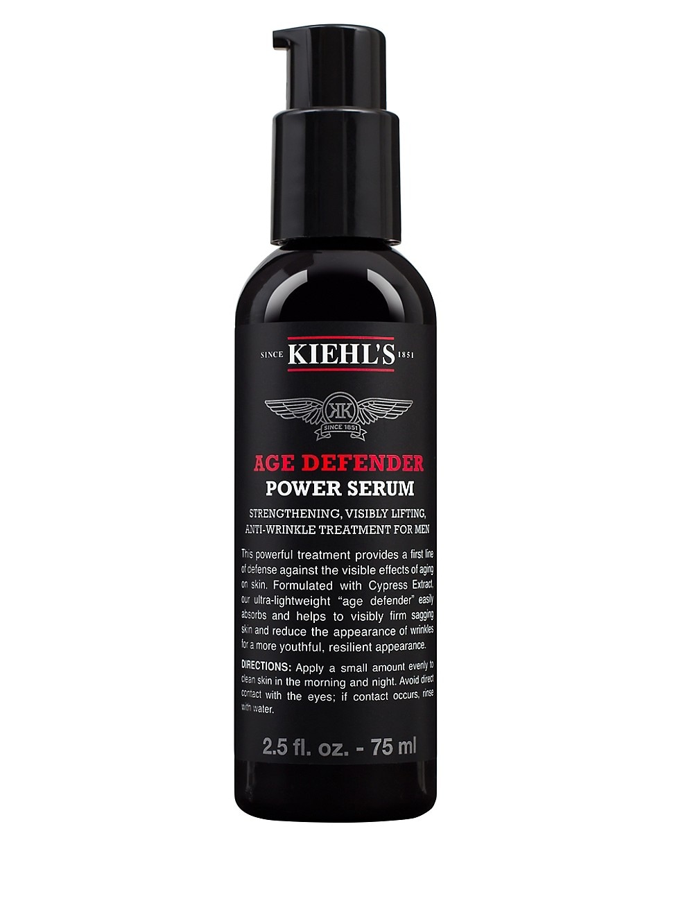 Black plastic bottle with a pump dispenser, featuring white and silver text, labeled "KIEHL'S Age Defender Power Serum 75ml," designed for men's anti-wrinkle treatment.