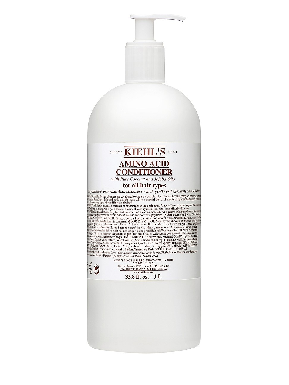 White plastic bottle of Kiehl's Amino Acid Conditioner, 200ml, featuring a pump top and detailed product label with black text on a white background.