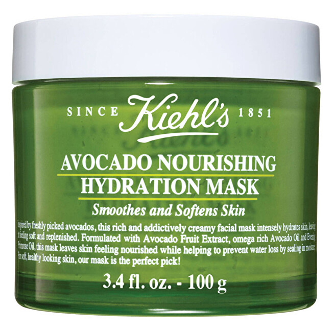 Green jar of Kiehl's Avocado Nourishing Face Mask, featuring a creamy texture, labeled with product details in white and yellow, designed to hydrate and soften skin.