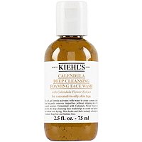 Clear plastic bottle containing 2.54 fl oz of Kiehl's Calendula Deep Cleansing Foaming Face Wash, featuring a white label with black text and a gold liquid inside.