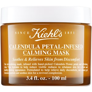 Kiehl's Calendula & Aloe Soothing Hydration Mask in a brown jar with a white lid, featuring floral graphics and text highlighting its soothing properties, 3.4 fl. oz. size.