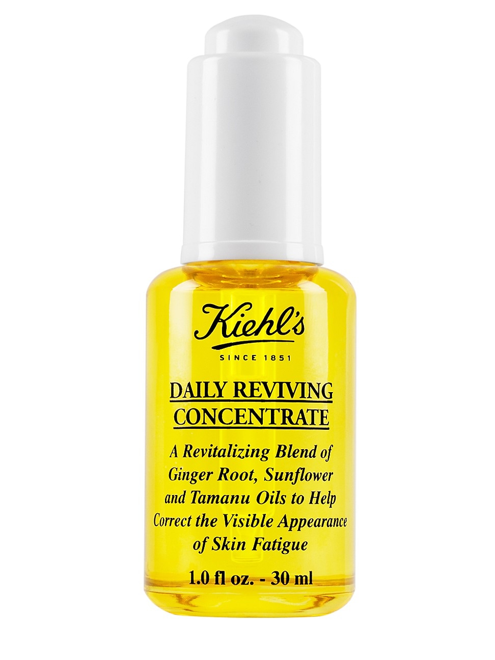 Bright yellow glass bottle with a white pump top, labeled "Kiehl's Daily Reviving Concentrate," featuring antioxidant face oil details and a 1.0 fl oz (30 ml) capacity.