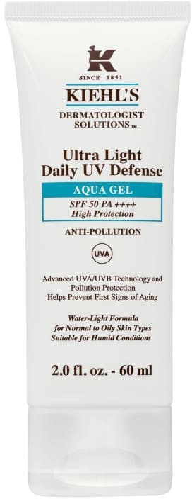 Kiehl's Ultra Light Daily UV Defense Aqua Gel in a white tube with blue and black text, featuring SPF 50 PA++++, designed for unisex use, 30 ml size.