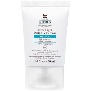 Kiehl's Ultra Light Daily UV Defense Aqua Gel in a 60 ml white tube, featuring blue text, SPF 50 PA+++ label, and claims of high protection and anti-pollution benefits.