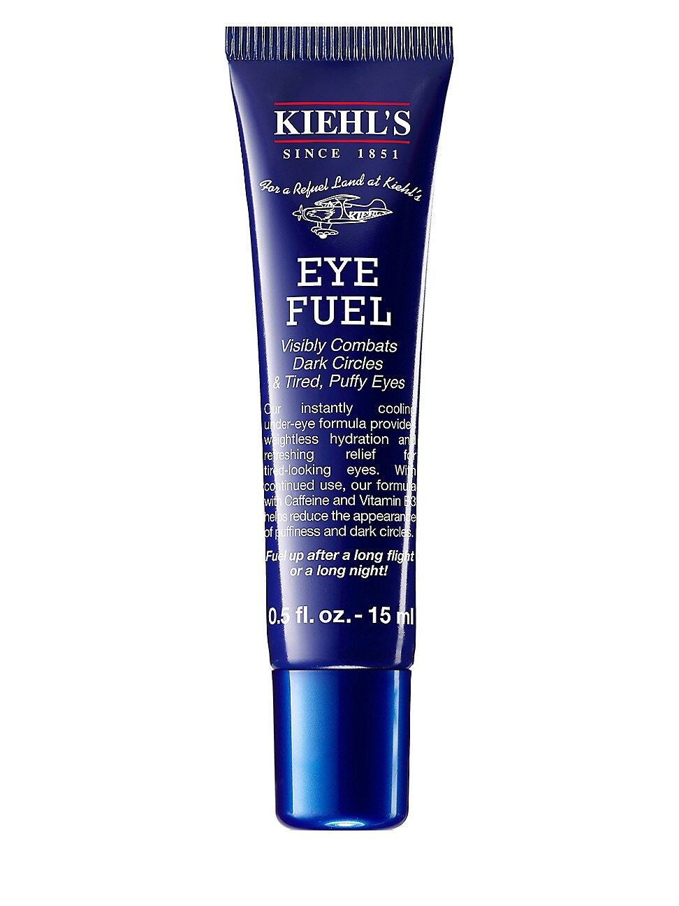 Kiehl's Eye Fuel is a 0.51 fl oz blue tube with white text, designed to combat dark circles and puffiness, featuring a sleek, modern design and a flip-top cap.