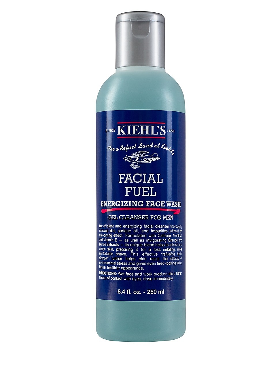 KIEHL'S Facial Fuel Energizing Face Wash in a blue plastic bottle with a flip-top cap, featuring bold white and red text, designed for men's skincare.