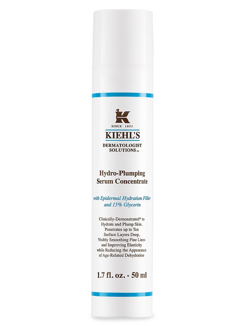 Kiehl's Hydro Plumping Serum Concentrate in a sleek white bottle with blue accents, featuring a pump dispenser and labeled with product details and volume of 1.7 fl. oz.
