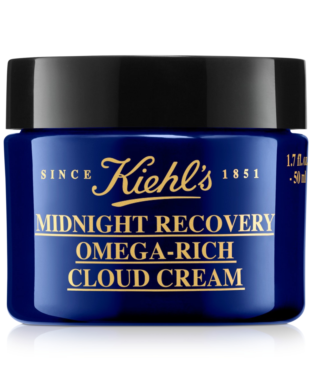 Deep blue jar with a black lid, featuring gold text that reads "Kiehl's Midnight Recovery Omega-rich Cloud Cream" and "Since 1851," 50 ml size indicated.