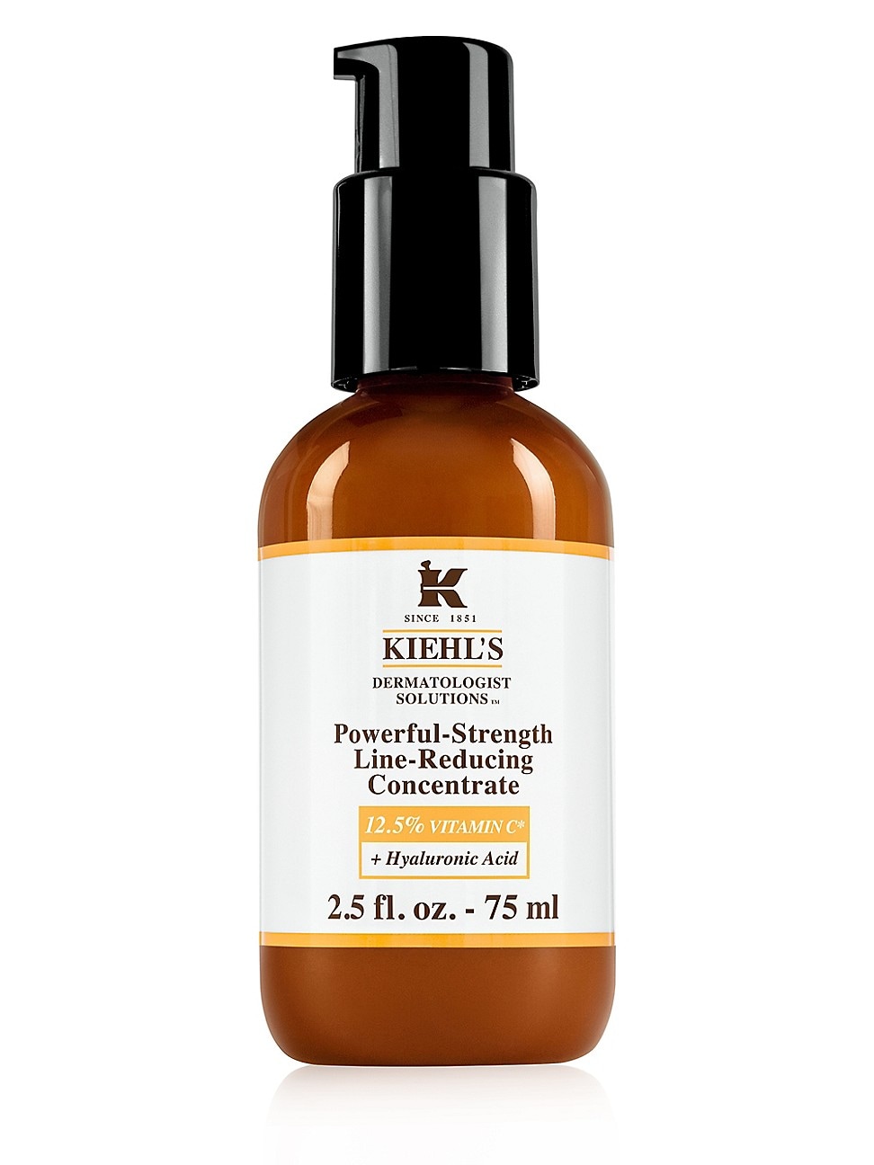Amber glass bottle with a black pump dispenser, labeled "Kiehl's Dermatologist Solutions Powerful-Strength Line-Reducing Concentrate," featuring 12.5% Vitamin C and Hyaluronic Acid.