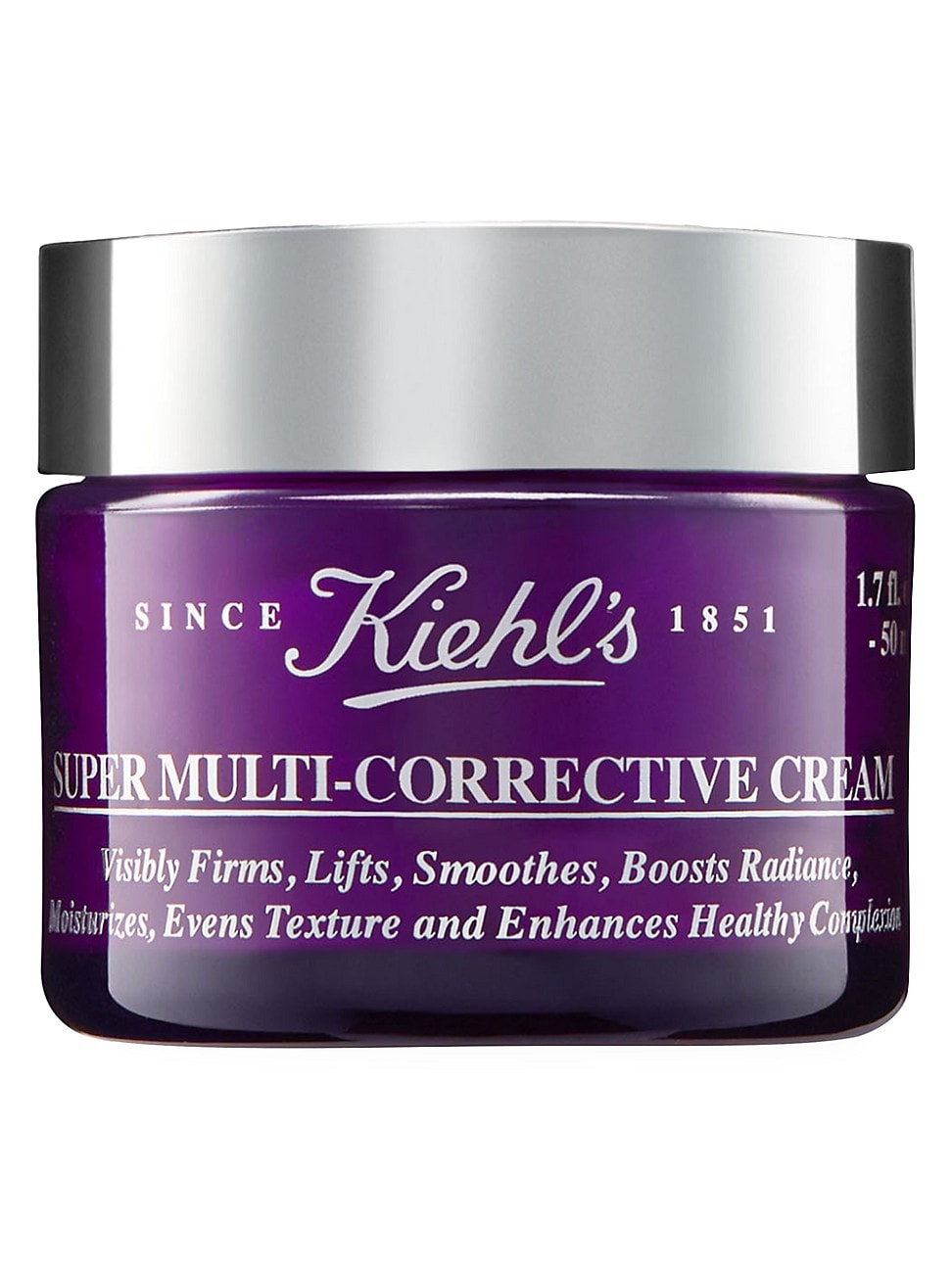 Purple glass jar with a white lid, labeled "Kiehl's Since 1851 Super Multi-Corrective Cream 1.7 Oz," highlighting anti-aging benefits and skin texture improvement.
