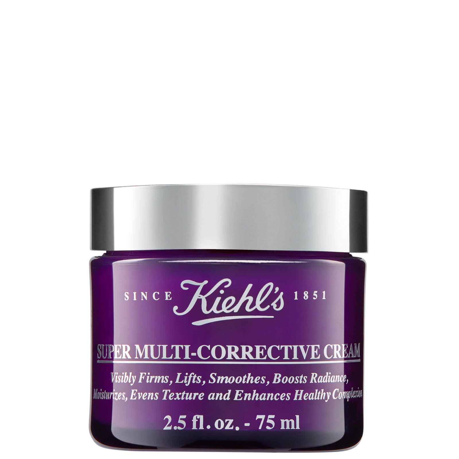 Purple jar of Kiehl's Super Multi-Corrective Cream, 75ml, with a silver lid, labeled with product details highlighting its firming and smoothing benefits.