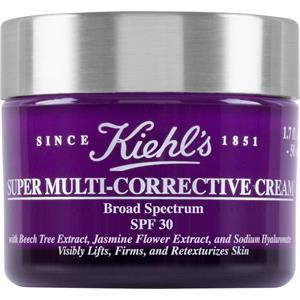 Purple jar of Kiehl's Super Multi-Corrective Cream with a silver lid, labeled with SPF 30, featuring ingredients like Beech Tree Extract and Jasmine Flower Extract.
