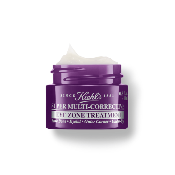 Purple jar of Kiehl's Super Multi-Corrective Anti-Aging Eye Cream with a white cream texture visible inside, labeled with product details and a 0.5 oz capacity.