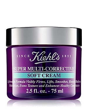 Purple jar of Kiehl's Super Multi-Corrective Face Cream with a black lid, labeled with product details in turquoise and white, containing 2.5 fl. oz. (75 ml).