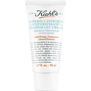 Kiehl's Superbly Efficient Anti-perspirant and Deodorant in a white tube, featuring a flip-top cap, with black text and a label highlighting its aluminum chloride and citrus extracts.